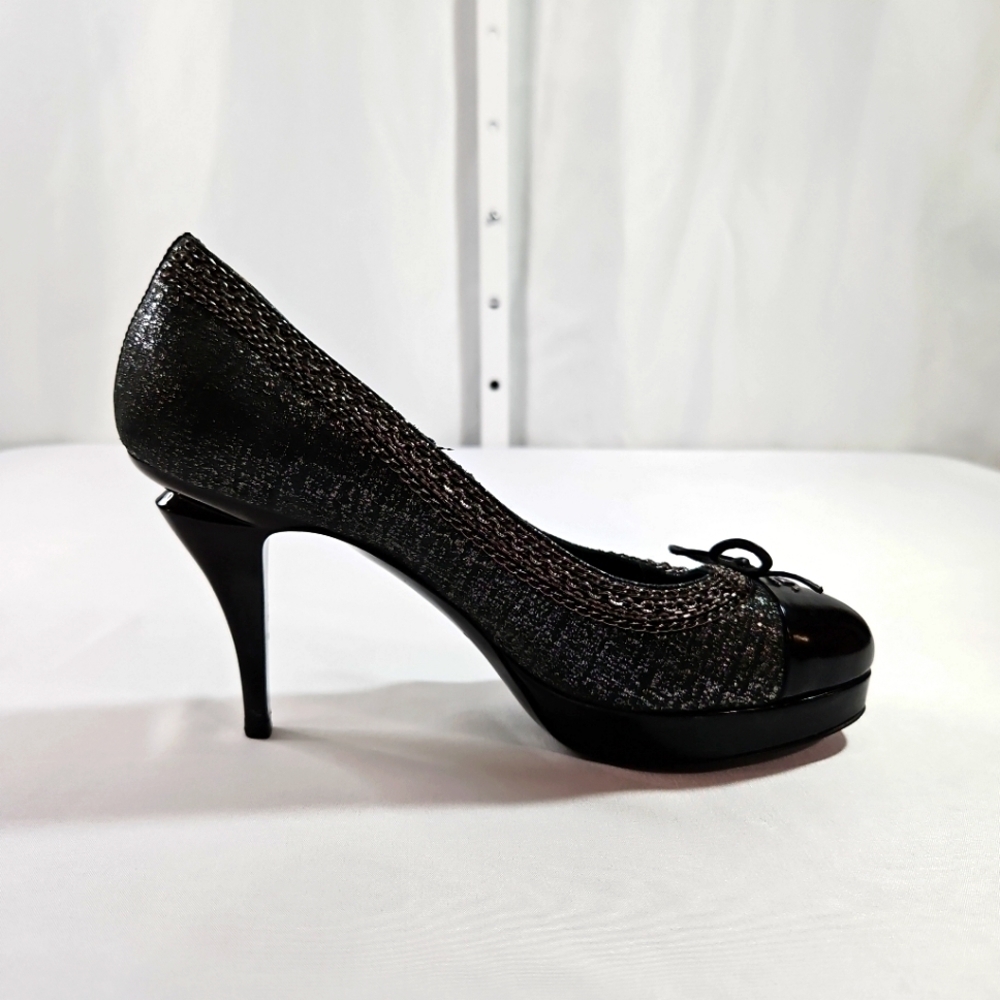 Chanel Black/Silver Suede & Black Patent Leather Platform Heels